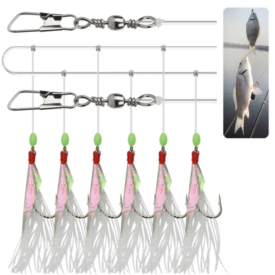 Aparejos Sabiki luminosos, señuelos intermitentes de pesca, aparejos de cebo, piel de pez, señuelo de pesca brillante, cuentas de pesca, anzuelos con alto contenido de carbono para agua dulce/salada